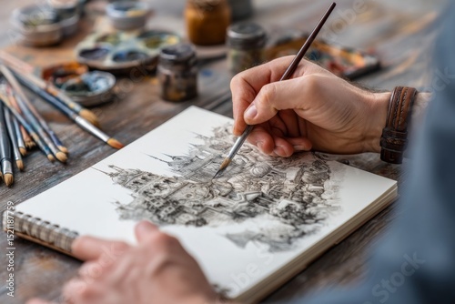 Artistic hand sketching intricate cityscape with pencil and fine details in a workshop setting surrounded by painting materials