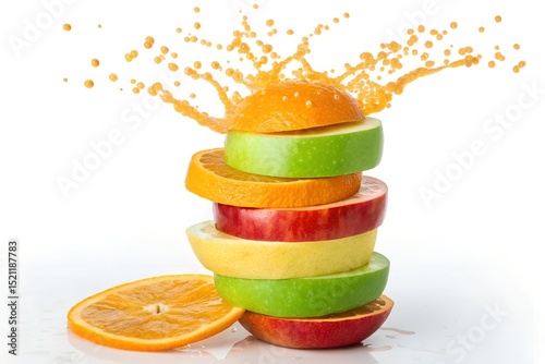 Stacked Fruit Slices with Orange Juice Splash, Healthy Food, Vitamins