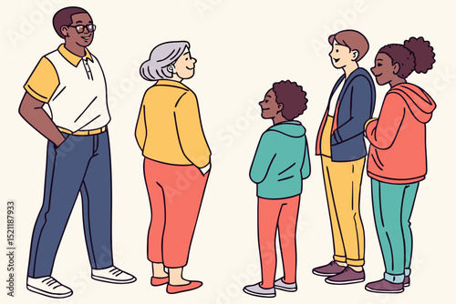 Illustration of diverse group of people standing and looking at each other in an informal setting, vector art
