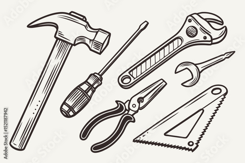 Illustration of a collection of various hand tools including a hammer, wrench, pliers and screwdriver, vector art