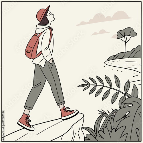 A person with a backpack walking on a cliff overlooking a landscape with trees and water in the distance, vector art