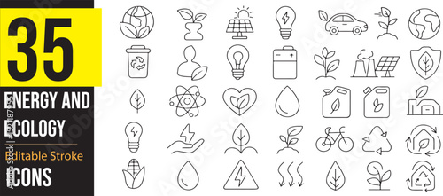 Energy and Ecology Icon Set – Vector line icons of renewable energy, environment, sustainability, solar power, wind turbines, green technology, recycling, conservation, eco-friendly, nature