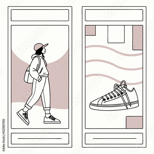 Illustration featuring a woman walking and a sneaker displayed in a separate frame with waves and blocks, vector art