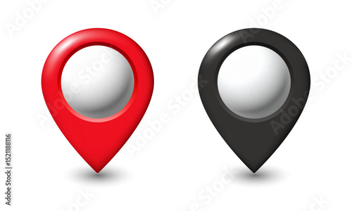 Red and black map pin. Vector 3D clipart isolated on white background.