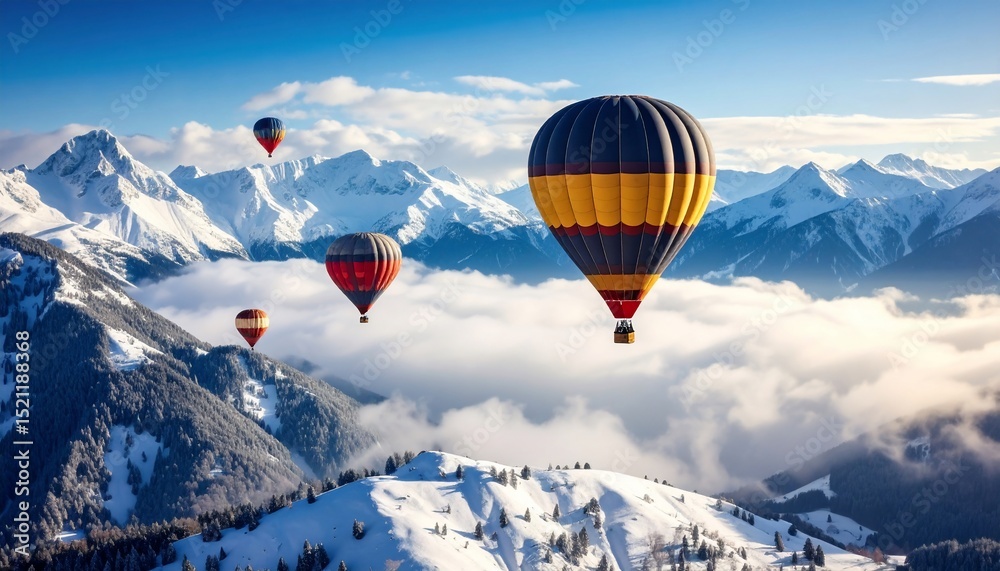 Hot Air Balloons Soaring Over Snowy Alps Hot Air Balloons Soaring Over Snowy Alps