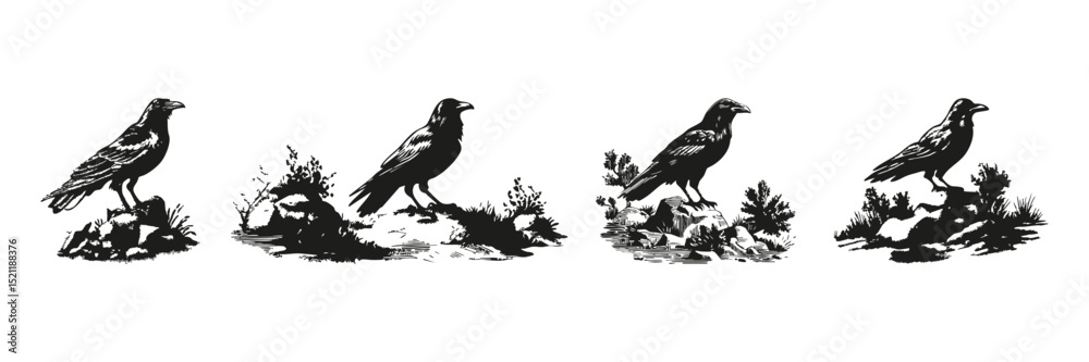 Obraz premium Raven Silhouettes On Rocks In Nature Set. Wildlife Observation And Natural Habitat Symbol Collection. Environmental And Educational Use. Isolated Vector Illustration
