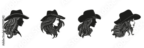 Cowgirl Hat Silhouette Set. Western Style And Fashion Icon Collection. Apparel And Cultural Representation Use. Isolated Vector Illustration