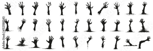 Zombie Hand Silhouettes In Horror Icon Set. Halloween And Spooky Theme Collection. Graphic Design And Entertainment Use. Isolated Vector Illustration