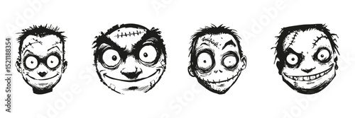 Creepy Character Faces In Silhouette Set. Horror And Halloween Theme Collection. Graphic Design And Entertainment Use. Isolated Vector Illustration