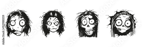 Zombie Faces In Silhouette Set. Horror And Halloween Character Collection. Spooky And Decorative Use. Isolated Vector Illustration