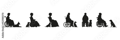 People And Service Dogs In Wheelchair Silhouette Set. Accessibility And Assistance Symbol Collection. Disability Support And Inclusion Use. Isolated Vector Illustration