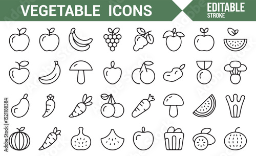 Simple Line Icons Representing Vegetables and Fruits for Healthy Living