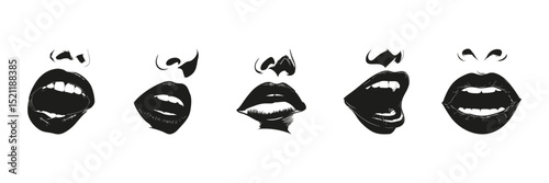 Mouth Expressions In Silhouette Set. Facial Emotion And Communication Symbol Collection. Artistic And Design Use. Isolated Vector Illustration