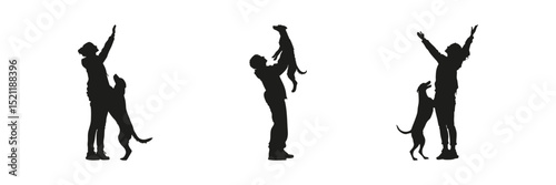 Human And Dog Interaction Silhouette Set. Pet Bonding And Playful Activity Symbol Collection. Animal Care And Lifestyle Use. Isolated Vector Illustration