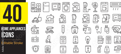 Home Appliances Icon Set – Vector Line Illustrations of Kitchen, Laundry, and Household Device Symbols and icons collection. Editable Stroke