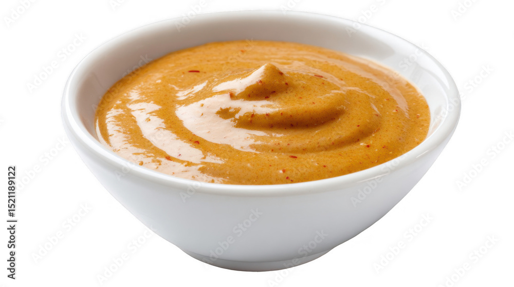 Creamy, vibrant spicy peanut sauce sits in a small white bowl, its swirling texture hinting at a rich and flavorful condiment, perfect for dipping or drizzling, isolated on a transparent background Creamy, vibrant spicy peanut sauce sits in a small white bowl, its swirling texture hinting at a rich and flavorful condiment, perfect for dipping or drizzling, isolated on a transparent background