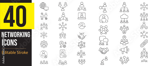 Networking Icon Set – Clean Vector Line Symbols for Connection, Communication, Data Sharing, Devices, and Digital Networks