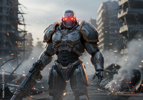 Cyborg Warrior Standing in Post-Apocalyptic City