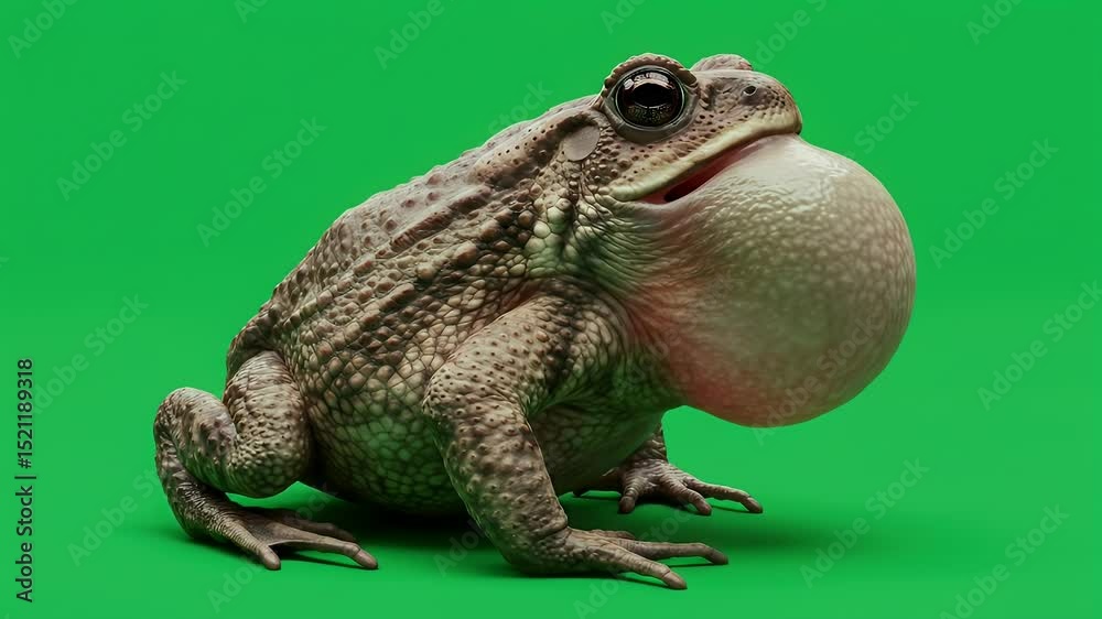 Inflated vocal sac of a calling toad against a solid green background, detailed skin texture.