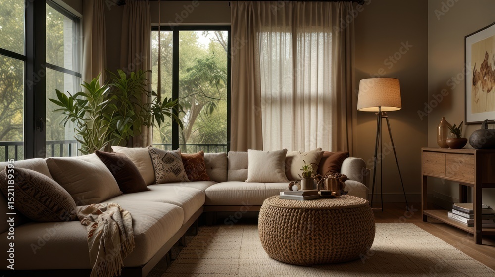 Fototapeta premium Cozy living room with large windows