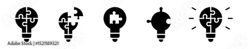 Conjunto de iconos de bombillas sólidas de soluciones. Resolución de problemas, idea creativa. Rompecabezas estilo bombillas sólidas. Ilustración vectorial