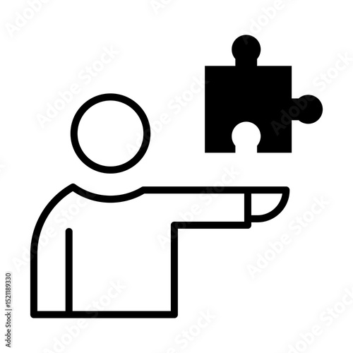 Icono de destreza y aprendizaje. Desarrollo personal y adquisición de habilidades. Persona sosteniendo una pieza de rompecabezas. Ilustración vectorial