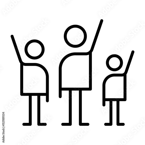 Icono de grupo de personas. Protesta, unidad, expresión colectiva. Tres figuras humanas levantando la mano en señal de participación. Ilustración vectorial