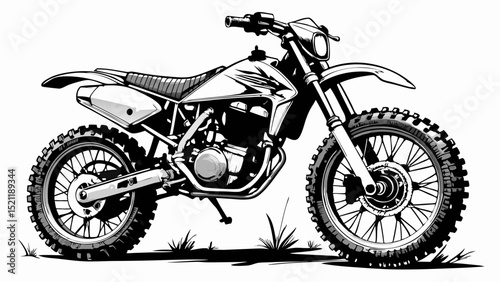 Black and white sketch of an off-road dirtbike motorcycle with knobby tires and suspension details