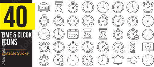 Time & Clock Icon Set – Clean Line Illustrations Featuring Alarms, Calendars, Hourglasses, Timers, Schedules, Deadlines, and More. Editable Stroke