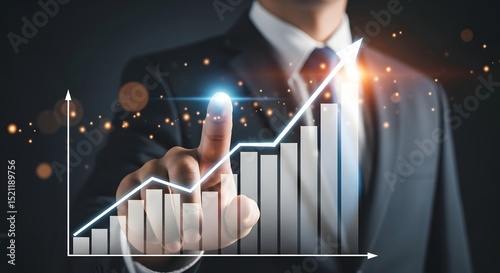 A businessman confidently points towards a rising graph, illustrating financial growth and market trends.