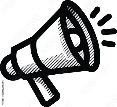 Black and White Outline Icon of a Megaphone with Sound Waves, Symbolizing Announcement