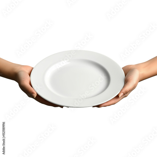 Hand holding an empty, clean, round, white dinner plate isolated on a blank background