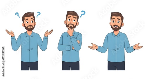 Puzzled man in blue shirt raises hands with question mark in cartoonish style illustration.