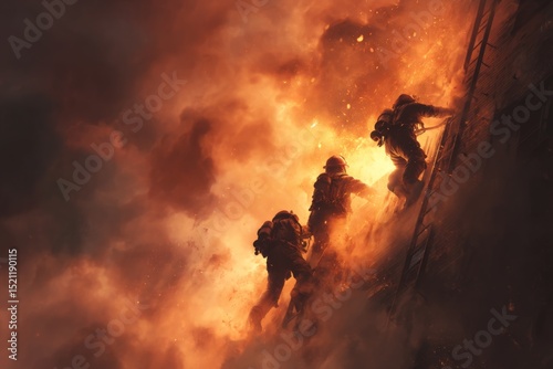 Firefighter Team Rescues Victims Amidst Intense Flames and Smoke on a Burning Building at Night