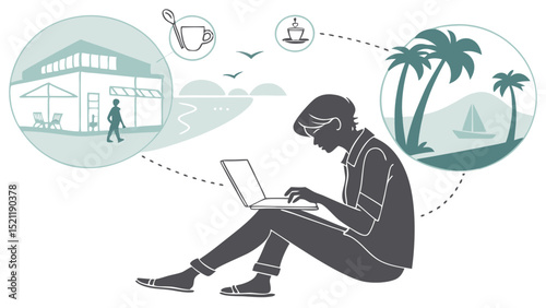 Person sitting with laptop dreaming of a cafe and tropical beach with palm trees and sailboat