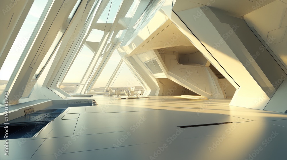 Obraz premium Empty futuristic interior with expansive windows.