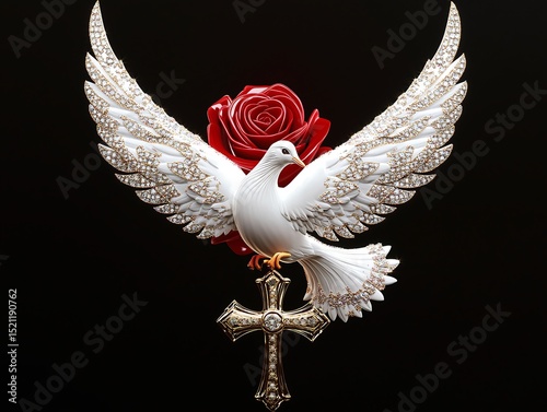 Diamond Dove with Red Rose & Cross: Luxurious 3D Render