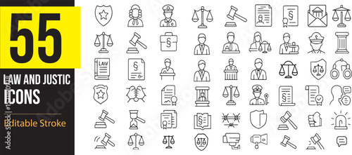 Law & Justice Line Icon Collection – Customizable Stroke. Features icons like contract, lawyer, constitution, court, balance, fingerprint, authority, insurance, judge, jury, legal, police.