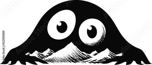 Black Silhouette of a Cartoon Monster or Alien Peeking Over Mountains with Large Eyes