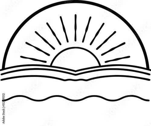 half sun rising above ocean horizon with rays spreading in line art style perfect for sunrise illustrations and morning scenery themes