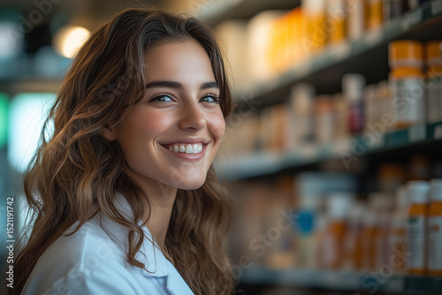A friendly pharmacist smiles as he works, with a soft blur of medicine shelves in the background.