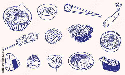 Japanese food hand drawn doodle icon illustrations set collection