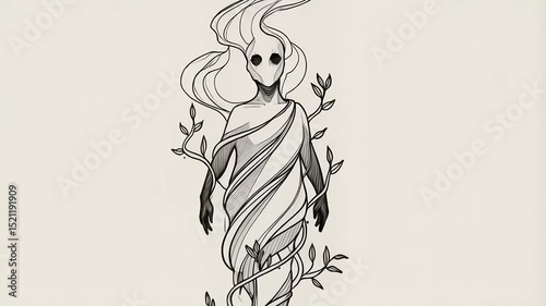 Ethereal figure with flowing hair and vine-like dress surrounded by delicate leaves