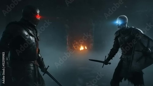 Epic standoff between two armored warriors in a dark, smoky environment with glowing eyes
