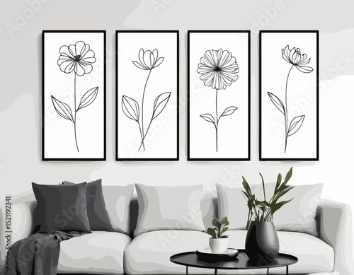 Graceful Floral Sketches in Single Line Technique for Wall Art