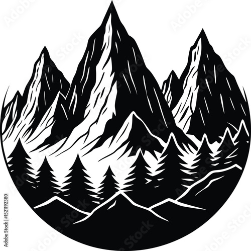 mountain range silhouette with pine forest foreground and sharp snowy peaks perfect for nature adventure and outdoor travel 