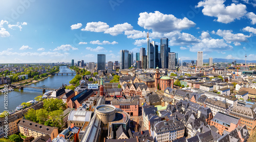 Wide, panoramic view of the skyline of Frankfurt, Germany, with old town, river Main and the financial office skyscrapers