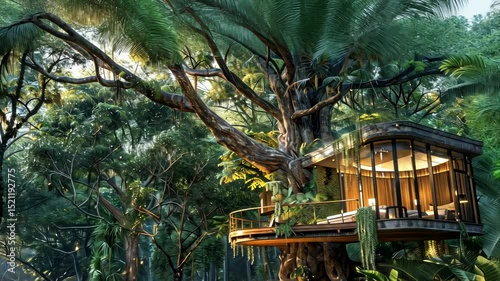 Hidden elegant treehouse with modern amenities, nestled in a lush forest for privacy. Private retreats