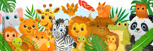 Vector cartoon children's bright illustration where many animals are depicted. The concept of friendship, love for the animal world. Element for your design, banner, poster. Elephant, monkey, fox, gir