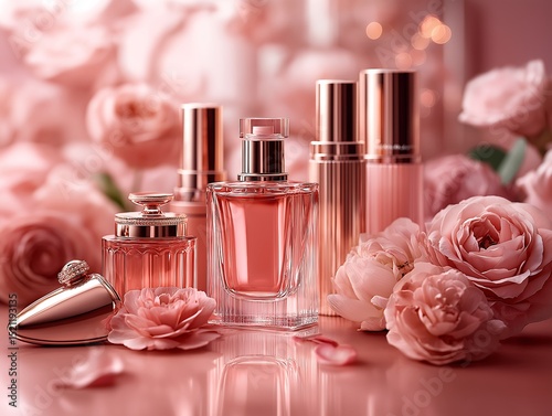 Exquisite Rose-Gold Perfume & Cosmetic Collection, Luxurious Floral Fragrance, Elegant Beauty